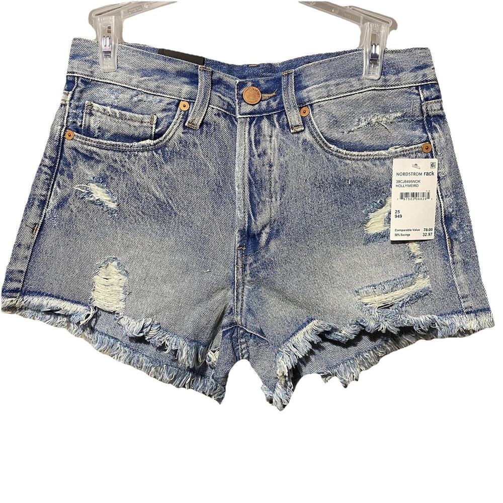 BlankNYC Distressed Denim Shorts in HOLLYWEIRD Fringe Button Fly Size 26 NWT - Picture 1 of 8